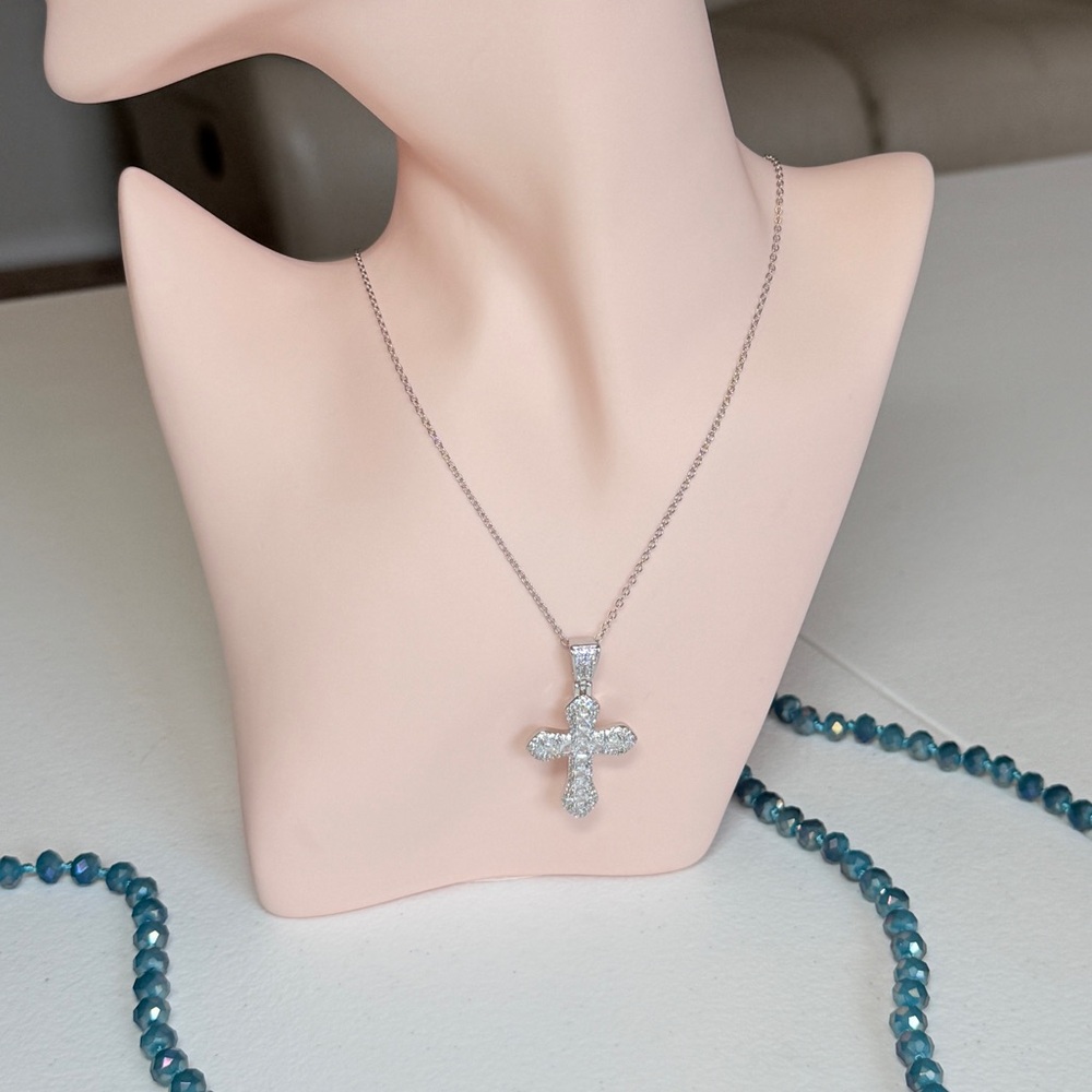 Silver Cubic Zirconia Cross Pendant Necklace - Picture 5 of 11